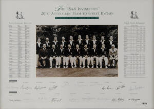 1948 AUSTRALIAN TEAM: Display "The 1948 Invincibles - 20th Australian Team to Great Britain. 50th Anniversary Celebrations, Adelaide, April 16th 1998", with 10 signatures including Don Bradman, Neil Harvey & Bill Brown, limited edition 14/48, framed & gla