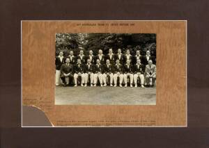 AUSTRALIAN TEAM PHOTOGRAPHS, noted 1948 (corner of mount damaged), 1951-52 with 'Gripu' Trosers advert & 1956. All framed, various sizes. Fair/VG.