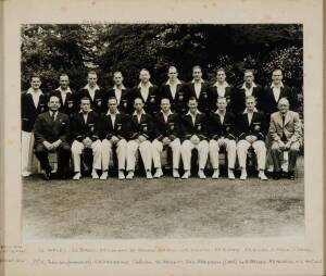 AUSTRALIA GROUP, noted 1948 team photograph; 1953 official team sheet with 17 signatures (few faded); 1956 Ashes action photo signed Jim Laker, Colin Cowdrey & Godfrey Evans (plus 3 faded). All framed, various sizes.