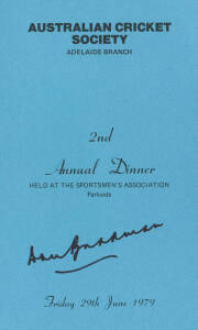AUSTRALIAN CRICKET SOCIETY: Menus for Annual Dinners 1-17 (1978-94), all signed by Don Bradman, some with an additionl signature, noted Barry Jarman, Bill O'Reilly, Brian Booth, Les Favell, Alan Davidson.