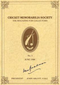 CRICKET MEMORABILIA SOCIETY: "Cricket Memorabilia Society - The Magazine for Collectors", complete run from Nos.1-28 (1988-95); plus spare of issue No.2 & Directory of Members (2), all signed by Don Bradman. G/VG condition.