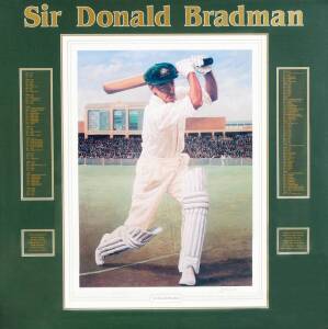 DON BRADMAN, print "Sir Donald Bradman" by Ramon Girardi, signed by Don Bradman and the artist, numbered 243/1500, window mounted, framed & glazed, overall 92x90cm. With CoA.