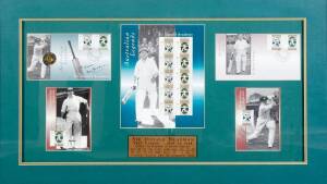 DON BRADMAN, 1997 Australia Post "Australian Legends - Sir Donald Bradman" display, comprising P.O.Pack, FDC, Coin FDC &nbsp;(signed & endorsed by Bradman)&nbsp;& maxi cards; window mounted, framed and glazed, overall 81x51cm.