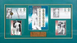 DON BRADMAN, 1997 Australia Post "Australian Legends - Sir Donald Bradman" display, comprising P.O.Pack, FDC, Coin FDC  (signed & endorsed by Bradman) & maxi cards; window mounted, framed and glazed, overall 81x51cm.