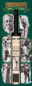 DON BRADMAN, display "Bradman - Master Batsman" comprising signed picture affixed to replica "Sykes" Cricket Bat, in attractive display case, overall 55x116cm. 