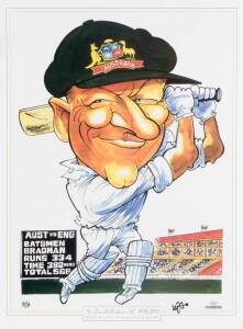 DON BRADMAN, wholesale quantity of prints "Sir Donald Bradman A.C. 1908-2001, World Test Record Score 334 Australia vs England, Leeds 1930" by Weg (each one signed by the artist), published by the Bradman Museum, size 39x51cm.