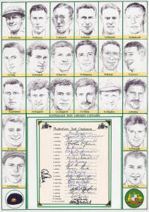 "Australian Test Cricket Captains", A3 display comprising team sheet with 22 signatures including Don Bradman, Bill Brown, Lindsay Hassett, Richie Benaud, Ian Chappell, Mark Taylor, Steve Waugh & Ricky Ponting, surrounded by portraits of the 22 captains. 