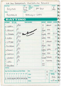 SCOREBOOK, with scores of 14 special or record-breaking matches, with 43 signatures including Don Bradman (2), Brian Lara, Bob Simpson (20), Jim Laker.