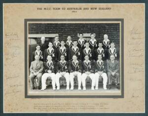 1950-51 ENGLAND TEAM, official team photograph, with title "The M.C.C. Team to Australia and New Zealand/ 1950-51", with 19 signatures on mount including Freddie Brown, Len Hutton & Denis Compton, window mounted, framed & glazed, overall 46x39cm. Some ton