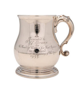 GODFREY EVANS: Sterling Silver beer mug, engraved "Presented to T.G.Evans, by The Board of Control for Test Matches in England, to commemorate the regaining of The Ashes 1953". [Godfrey Evans played 91 Tests 1946-59].