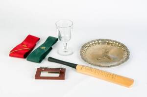 AUSTRALIAN CRICKETERS ITEMS, noted mini-bat with facsimile autographs of 1964 Australia; Ray Bright's goblet from 1980 Centenary Test; cricket ties (6) including Aust team ties; metal plate from 1980 Australian tour to Pakistan; desk-top memento from 1993