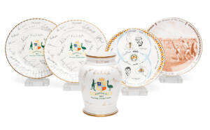 CRICKET CERAMICS: Royal Stafford Urn & Plates (2) - "Australia - 1977 Touring Cricket Team", each with Australian Coat-of-Arms and 21 facsimile signatures of the Australian team (these presented to players); Royal Doulton plate "The History of the Ashes";