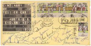 "TCCB/The Centenary & Jubilee Pair" Folder, containing 1977 Centenary Test FDC with signatures of 17 Australian Test cricketers; plus 1977 Silver Jubilee Test cover signed by England team.