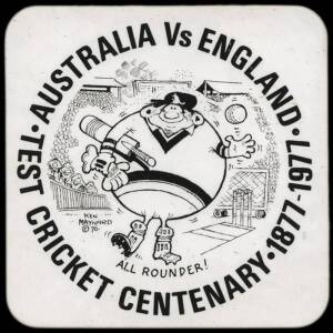 1977 CENTENARY TEST: Reserved Seat tickets (10), coasters (12), place mats (4) & block mounted prints (4); also cricket books (5); AFL books (3); AFL annual reports (9 issues 1994-2003).