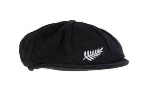 NEW ZEALAND TEST CRICKET CAP, black wool with embroidered Silver Fern on front, player unknown. G/VG condition.