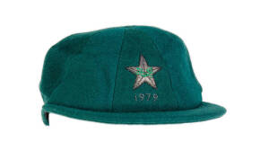 WASIM RAJA'S PAKISTAN TEST CRICKET CAP, green wool, wire embroidered Pakistan logo & "1979" on front, named inside to label "W.Raja". G/VG condition. [Wasim Raja played 57 Tests & 54 ODIs 1973-85].