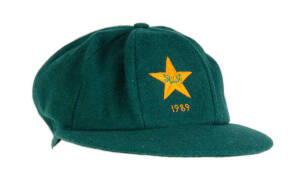 PAKISTAN TEST CRICKET CAP, green wool, embroidered Pakistan logo & "1989" on front, endorsed inside to label "M", player unknown. G/VG condition.