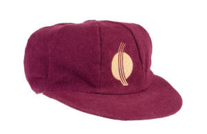 PAUL JACKSON'S QUEENSLAND CRICKET CAP, maroon wool, embroidered yellow 'Golden Seam' logo on front, "Albion" label inside endorsed "Jackson". Fair/G match-used condition.