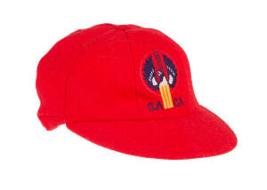 SOUTH AUSTRALIA CRICKET CAP, baggy red with embroidered "SACA" logo on front, player unknown. G/VG condition.