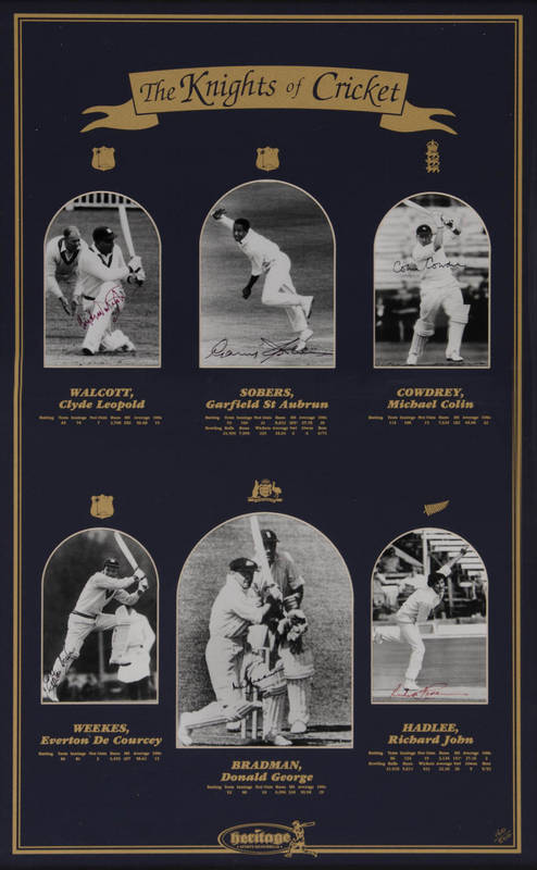 KNIGHTS OF CRICKET, display comprising six signed photographs of all the Sirs - Don Bradman, Clyde Walcott, Gary Sobers, Colin Cowdrey, Everton Weekes & Richard Hadlee, window mounted with details of their Test careers, limited edition 160/500, framed & g