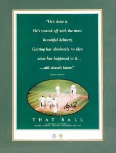 CRICKET DISPLAYS, noted Bushrangers shirt signed by Don Bradman & Victoria; "That Ball" poster signed Shane Warne & Mike Gatting; "Victoria Wins The Ashes" pster with 3 signatures. All framed, various sizes.