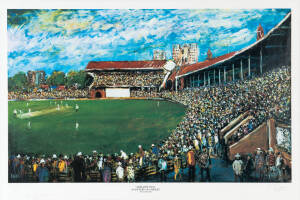 DON BRADMAN/ PRO HART: Print "Adelaide Oval - A Century of Cricket" by Pro Hart, numbered 268/300 and signed by Don Bradman (twice) and the artist, window mounted, framed & glazed, overall 100x77cm.