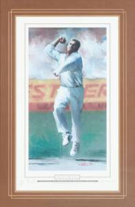 SHANE WARNE, print "Shane Warne" by Hall (1994), signed by Shane Warne and the artist, limited edition 47/500, window mounted, framed & glazed, overall 67x96cm. Ex Wes Lofts collection.