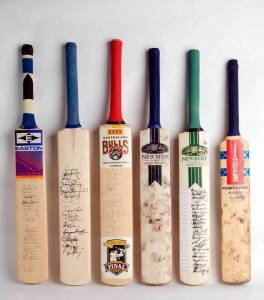 CRICKET BATS: "Bushrangers" cricket bag with 6 bats - two match used & 4 signed - 1994-95 Queensland; Victoria; Dean Jones XI v Allan Border XI; 23 legends including Doug Walters, David Hookes & Barry Richards.