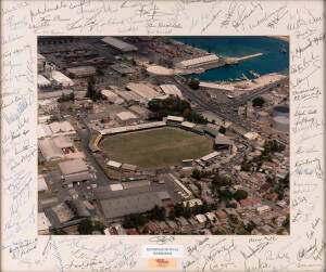 WEST INDIES CRICKETERS: Colour photograph of Kensington Oval Barbados, with 100 signatures on the mount including Brian Lara, Colin Croft, Gordon Greenidge, Wes Hall, Desmond Haynes, Clive Lloyd, Malcolm Marshall, Vivian Richards, Garfield Sobers & Everto