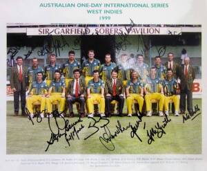 1999 AUSTRALIAN TEAM, official team photograph with title "Australian One-Day International Series, West Indies, 1999", with 17 signatures on photo including Steve Waugh, Adam Gilchrist, Ricky Ponting & Shane Warne, size 34x28cm. Also&nbsp;2000-01 AUSTRALIAN T
