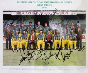 1999 AUSTRALIAN TEAM, official team photograph with title "Australian One-Day International Series, West Indies, 1999", with 17 signatures on photo including Steve Waugh, Adam Gilchrist, Ricky Ponting & Shane Warne, size 34x28cm. Also 2000-01 AUSTRALIAN T