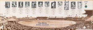 THE BLUES LIVING LEGENDS TEAM: Print "The Blues Living Legends" with 12 signatures - Don Bradman, Keith Miller, Arthur Morris, Allan Border, Alan Davidson, Bob Simpson, Steve Waugh, Brian Taber, Glenn McGrath, Neil Harvey, Richie Benaud & Norman O'Neill, 