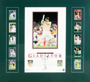 MATTHEW HAYDEN, display with print "Matthew Hayden - Gladiator" (No.394/500), window mounted with 10 cricket cards, framed & glazed, overall 99x88cm.