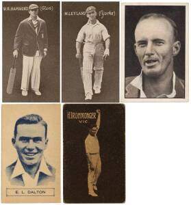 1928-34 Australian (Giant Brand) Licorice group, with 1928 "English Cricketers" (Blue Back) [24] in superb condition; 1930 "Australian Cricketers"[25/27] & "English Cricketers" [3/24]; 1930-31 "Australian Cricketers" [15/24]; 1931 "South African Cricketer