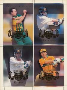 1994-98 cricket cards, noted 1994 Futera "Craig McDermott - Man of the Series" card; 1996 Futera "Steve Waugh Platinum" SW2-5 uncut block & SW5; 1997 Futera "Steve Waugh Impact Redemption Card" (uncut block, unsigned); "Frontliners" [9]; "Run Machines" in