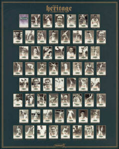 1995 Futera "The Heritage Collection - A Collection of Great Australian Cricketers", complete set [60], with 58 of the cards signed (some fading), including Don Bradman, Ray Lindwall, Neil Harvey & Graham McKenzie, window mounted, framed & glazed, overall