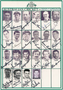 "Australian Test Cricket Captains", team sheet with 22 signatures including Don Bradman, Bill Brown, Lindsay Hassett, Richie Benaud, Ian Chappell, Steve Waugh & Ricky Ponting. Fine condition.