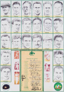 "Australian Test Cricket Captains", A3 display comprising page with 22 signatures including Don Bradman, Bill Brown, Lindsay Hassett, Richie Benaud, Ian Chappell, Mark Taylor, Steve Waugh & Ricky Ponting, surrounded by portraits of the 22 captains. Fine c