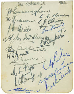 1927 NEW ZEALAND TEAM, autograph page with 12 signatures including "Curly" Page, Matthew Henderson (very rare autograph) & Bill Cunningham; plus 5 later signatures including Walter Hadlee & Bert Sutcliffe. Rare team.