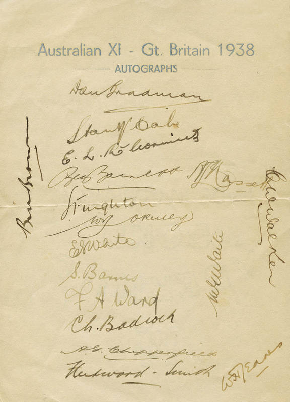 1938 AUSTRALIAN TEAM, official team sheet with 17 signatures including Don Bradman, Stan McCabe, Sid Barnes (scarce) & Lindsay Hassett. G/VG condition. Good example of Australia's first official team sheet.