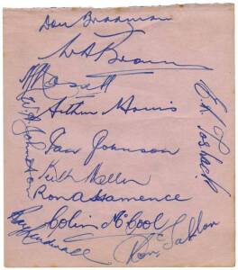 1948 AUSTRALIAN TEAM, autograph page with 12 signatures including Don Bradman, Lindsay Hassett, Keith Miller & Ray Lindwall. Good condition.