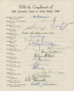 1948 AUSTRALIAN TEAM, official team sheet with 17 signatures including Don Bradman, Lindsay Hassett & Keith Miller; plus the usual handstamp of Sidney Barnes. Folded, otherwise very good condition.