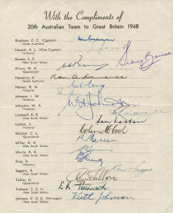 1948 AUSTRALIAN TEAM, official team sheet with 17 signatures including Don Bradman, Lindsay Hassett & Keith Miller; plus the usual handstamp of Sidney Barnes. Folded, otherwise very good condition.