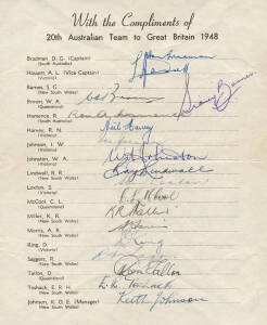 1948 AUSTRALIAN TEAM, official team sheet with 17 signatures including Don Bradman, Lindsay Hassett & Keith Miller; plus the usual handstamp of Sidney Barnes. G/VG condition.