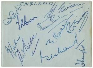 1949 England v New Zealand, autograph pages (2), one signed by England with 10 signatures including Freddie Brown, Jim Laker & Denis Compton; other signed by NZ with 12 signatures including Bert Sutcliffe, Jack Cowie & John Reid.