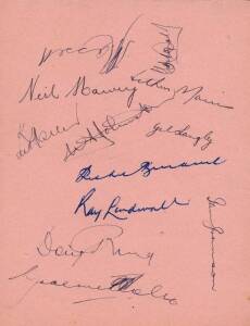 1952-53 Australian Team v South Africa, autograph page with 11 signatures including Lindsay Hassett, Ray Lindwall & Bill Johnston. Mounted with reprinted team photograph.