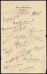 1957 West Indies tour to England, "Hotel Metropole, Brighton" letterhead with 18 signatures including John Goddard (captain), Clyde Walcott, Frank Worrall, Wes Hall & Gary Sobers.