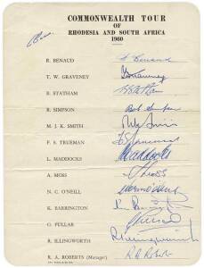 1960 Commonwealth Tour of Rhodesia and South africa, team sheet with 13 signatures including Richie Benaud, Tom Graveney, Fred Trueman & Len Maddocks.