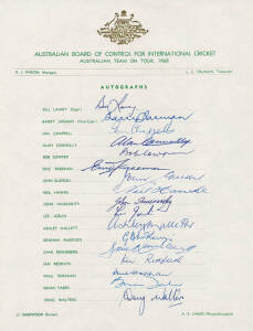 AUSTRALIAN TEAM SHEETS: Wonderful collection of official Australia team sheets (72) from 1968-97, some duplication, with excellent range of autographs. Also 1988 Bicentennial Test dinner programme signed by Don Bradman; and team sheets from other countrie