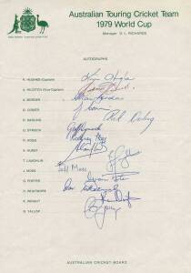 AUSTRALIA: Official team sheets for 1979 World Cup, 1983 v Pakistan (2), 1985 v India & 1985 to England; team sheets with facsimile autographs for 1983/84 & 1984/85; plus team sheet for 1985 Young Australia. Good range of signatures. 